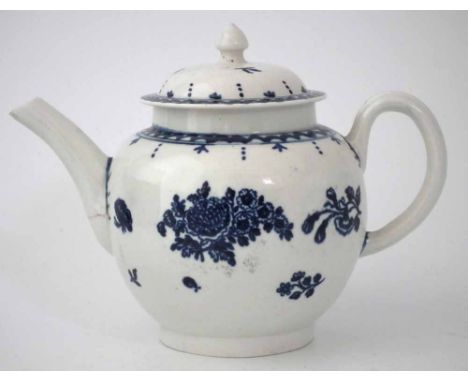 Liverpool Philip Christian teapot circa 1770, painted with a Peony and Daisy spray, within a ribbon border, (2) 15cm high    
