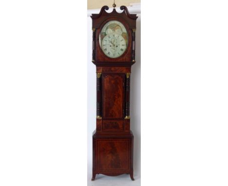 Mahogany longcased clock, painted oval dial with rolling moon named w. Nichols, Birmingham, eight-day movement, in an ornate 