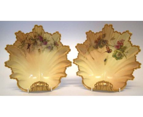 Pair of Royal Worcester shell shaped dishes.  decorated with flora and insects after Edward Raby, puce printed marks and 1894