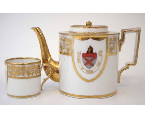Paris porcelain teapot and coffee can, painted with armorial crests within gilded borders, early 19th century, (3) the teapot
