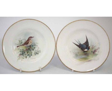 Two Royal Worcester plates signed Powell, painted with a Swallow and a Thrush,  date codes for 1934 and 1937, (2) 15cm diamet