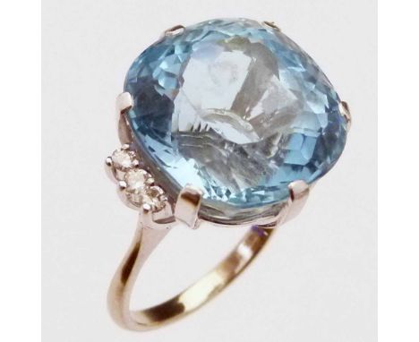 Aquamarine single stone dress ring, the mixed cut cushion shaped stone 17.1 x 16.7 x 12.5mm, approximately 19ct, flanked by s