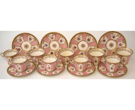 Chamberlains Worcester part service circa 1820   painted with flora on pink and white panels, to include five coffee cups, fo
