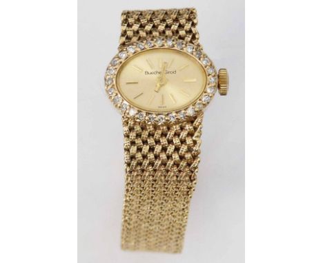 Beuche-Girod 9ct gold lady's bracelet watch, case London 1978, oval gilt dial, baton numerals, diamond bezel, 15 x 20mm, 17-j