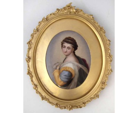 KPM porcelain oval panel,  painted with a portrait of a lady, impressed marks to reverse, within gilt frame, mid-19th century
