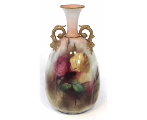 Royal Worcester Hadley ware vase signed H. Martin  with twin branch handles painted with roses, green printed marks and 1905 