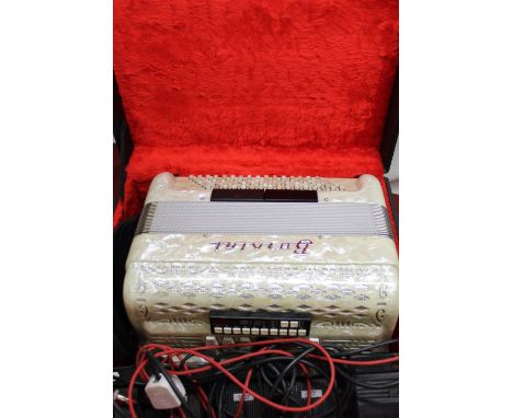 Early 1970's Borsini piano accordion in cream marbleised acrylic case, simulated black and white mother of pearl button and k