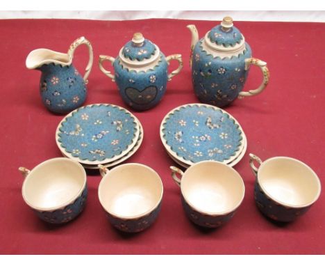 Cloisonne on porcelain four person tea service decorated with foliage and butterflies on a blue ground, H16cm max (13) 