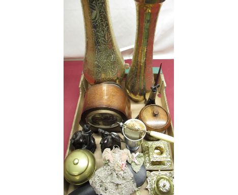 Pair of C20th Chinese carved hardwood figures, H14cm, cased miniature violin, 1930's oak cased chiming mantel clock, two Indo