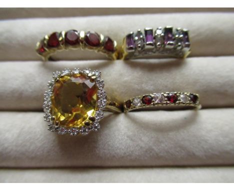 9ct yellow gold diamond yellow stone ring, size P, 9ct yellow gold red and white stone ring, size M, 9ct yellow gold five sto