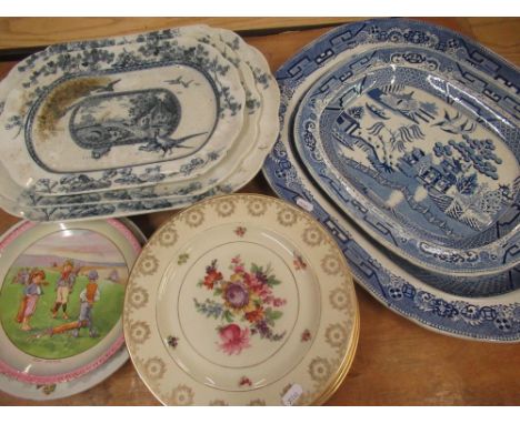 Mid C19th Staffordshire blue and white print ware "Willow" pattern meat dish, 53cm x 43cm, similar smaller meat dish, Brownfi