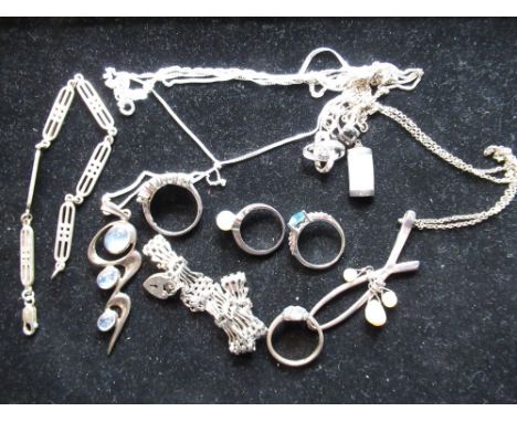 Sterling silver fancy four bar gate bracelet with heart padlock clasp (AF), another sterling silver bracelet, a sterling silv