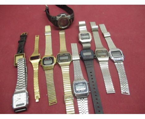 1970's ladies LED wristwatch in brushed gold plated case with integral bracelet, 1970's Timex LCD quartz wristwatch in gold p