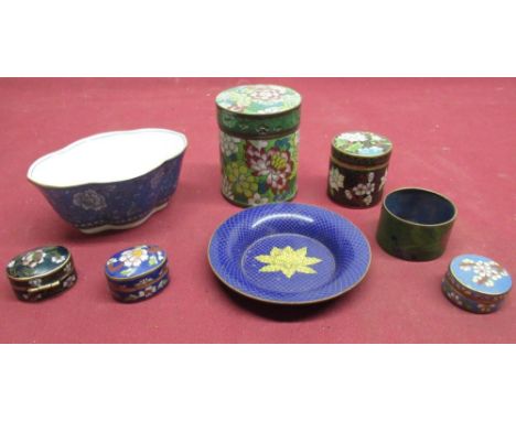 Collection of C20th Cloisonné items incl. three pill boxes, two canisters with lids, napkin ring etc, and blue ground Chinese