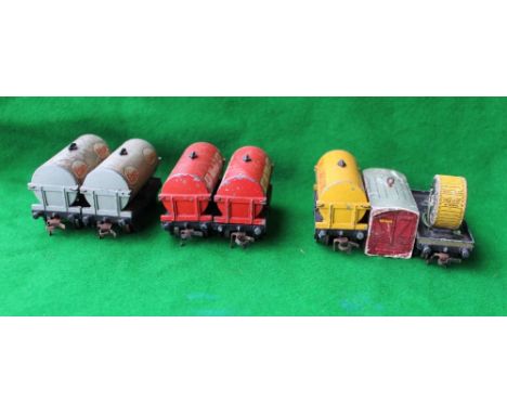 Collection of carriages with advertisement, including Dublo, Esso petrol carriage x2, Dublo Mobil oil company Ltd, Dubo vacuu