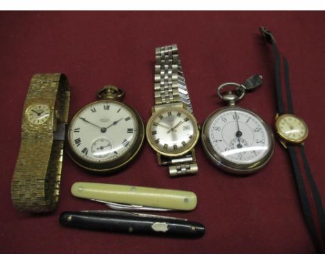 Smith's Empire open faced keyless pocket watch, nickel cased pedometer complete with original instructions, Timex hand wound 