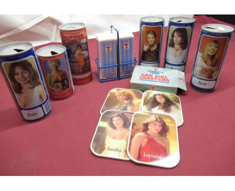 Wade "Tenants lager" salt and pepper pots complete with original stand, Tenants lager "Can girl coasters" and a collection of