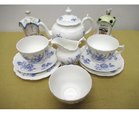 Coalport Divinity Blue 9 piece tea service and two Coalport pastel burners "The Tollhouse" and Dovecote (qty) 