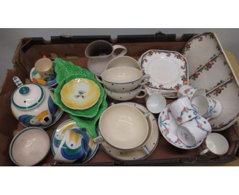 Early C20th Crown Staffordshire bone china part coffee service decorated with garlands of roses and bows, Crown Devon leaf mo
