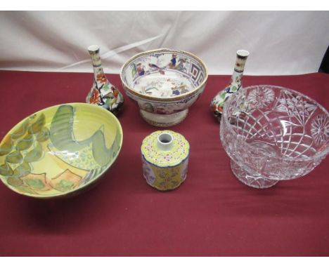 Pair of early C20th Keeling &amp; Co Ltd Losol ware octagonal baluster design vases decorated in oriental style, H23.5cm, mid
