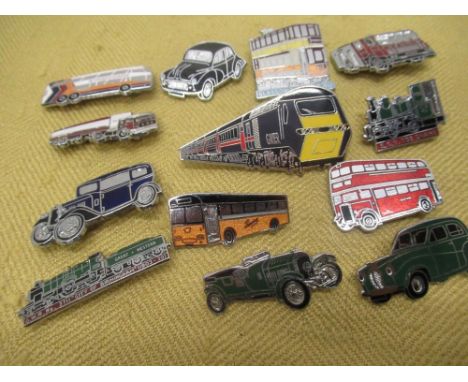 Selection of various picture type enamel pin badges, mainly trucks, cars and trains 