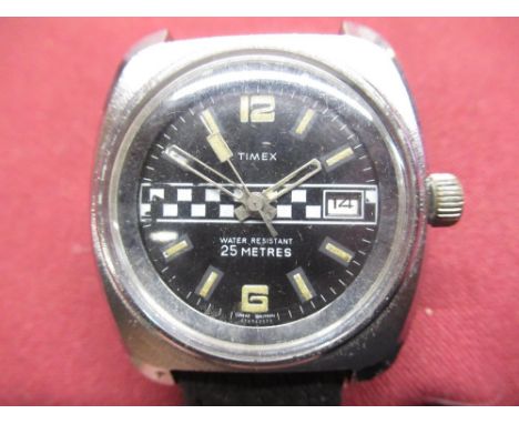 1960's Timex Grand Prix racing inspired hand wound wristwatch with date, Timex electric wristwatch, silvered dial with applie