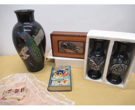 WWI embroidered silk handkerchief with lace edge, 1960s chad Valley "Happy Days" tinplate money box, pair of C20th Chinese va