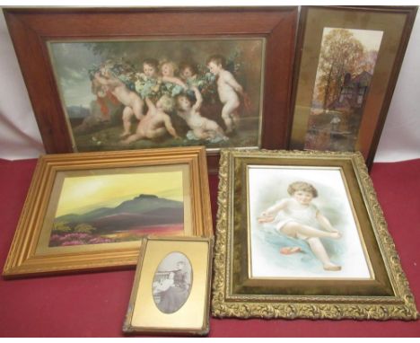 Victorian chromolithograph 'This little Piggie had roast beef' in velvet mount 31cm x 24cm, colour print of Cherubs, similar 
