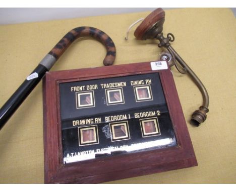 A.T Langton Electrical Co. Tonbridge, early c20th mahogany servants bell board with solenoid operated flags, c20th brass gas 