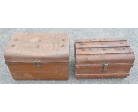 Owain Wyn Evans Collection - Two steel trunks, with handles. lock on larger trunk broken, the other intact but no key. L71cm 
