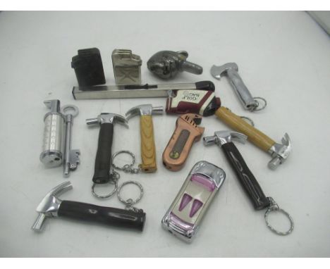 Collection of novelty lighters inc. hammers, axe, gasoline can, key, etc (15) 