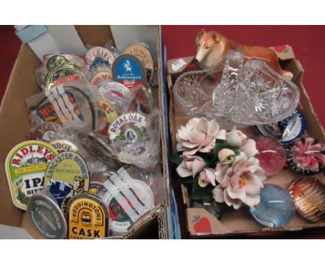 Alum Bay Glass, Isle of Wight glass paperweight, four other glass paperweights, two lead crystal baskets, Melba pottery model