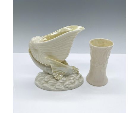 Collection includes Flying Fish vase, and small Wheat vase. Green Belleek Pottery backstamps. Vase 1: 4.5"L x 3"W x 4.75"H. V