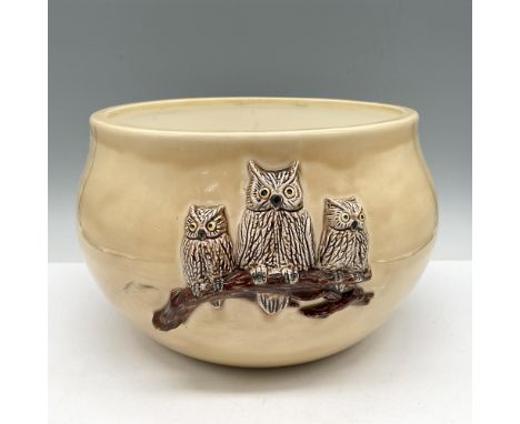 Cream colored oblate planter with three owl relief colored in brown. Signed J Liz. Issued: 21st centuryDimensions: 6.5"H x 9"