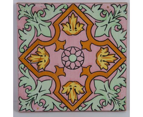 One of a kind hand-painted geometric design ceramic tile with combination of wash and solid colors with refined finish lines.