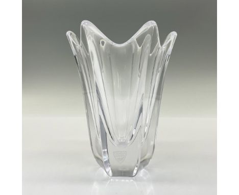 A striking contemporary clear crystal vase with a weight base. Orrefors factory label. Orrefors etched backstamp. Artist: Jan