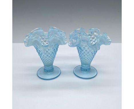 Two beautiful small light blue vases with scalloped edge, and raised dimple texture surface. A vase is approximately: 3.5"W x