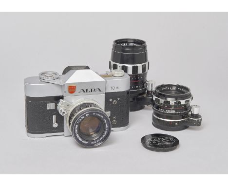 An Alpa 10d SLR Camera and 2 More Lenses, serial no. 54190, chrome, shutter working, body G, slight corrosion in parts of top