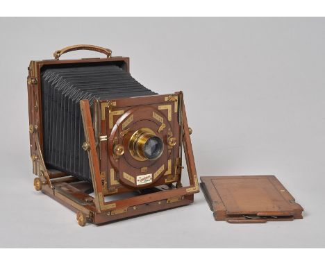 A Houghton Sanderson brass-bound mahogany and brass 'A Pattern' Half-Plate Field Camera,  with Taylor Taylor Hobson H D Taylo