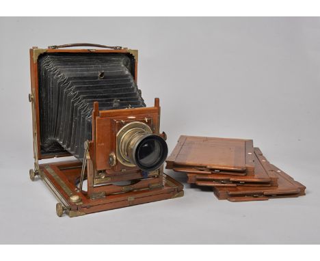 A Houghton Triple Diamond mahogany and brass Whole-Plate Field Camera,  with earlier Clément & Gilmer f/6 Euryscope Anastigma