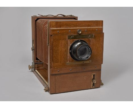 An Early 20th Century German Tropical Double-Extension Tailboard Teak and Brass 5 x 7 Plate Camera, with re-mounted Carl Zeis