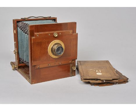 An Ernemann Globus mahogany and brass 5 x 7in Tailboard Plate Camera,  with Ica Doppel Anastigmat lens, F-G, some alterations