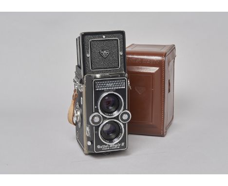 A Rollei Magic II TLR Camera, with Schneider-Kreuznach Xenar 75mm f/3.5 lens, shutter working, light meter responsive, body V