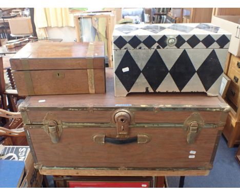A WALNUT WRITING SLOPE, A LACQUERED BOX and a plywood trunk (3)