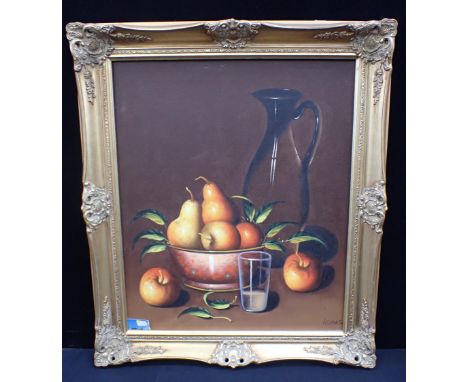 K. MAS (20TH CENTURY), STILL LIFE WITH PEARS AND APPLES oil painting, canvas 61cm x 50cm, gilt swept frame