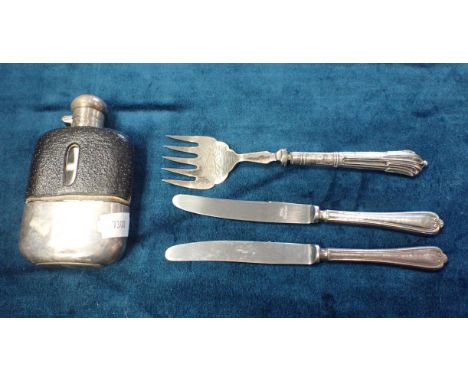 A SILVER MOUNTED HIP FLASK Sheffield 1937 (leather a/f), and two filled silver handled knives and a fork