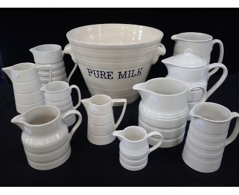 A REPRODUCTION WHITEWARE 'PURE MILK' DAIRY PAIL 27cm high, and ten banded milk jugs, vintage style, by Conran, Burleigh, Dive