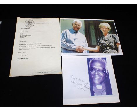 NELSON MANDELA: AN AUTOGRAPHED PHOTOREPRODUCTION PRINT "of Mandela with Princess Diana, dated 1990, and another photo with Ar