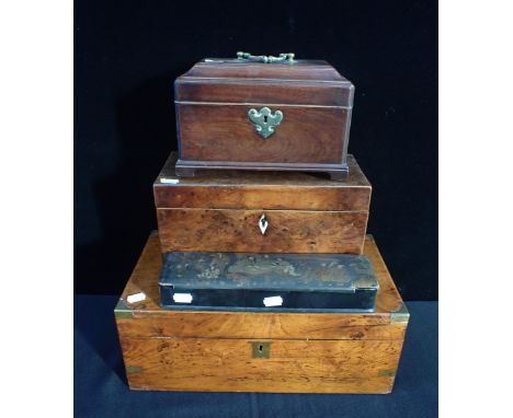 A 19TH CENTURY BURR WALNUT TEA CADDY a George III mahogany teacaddy, a writing slope and a lacquered glove box (all a/f) (4)