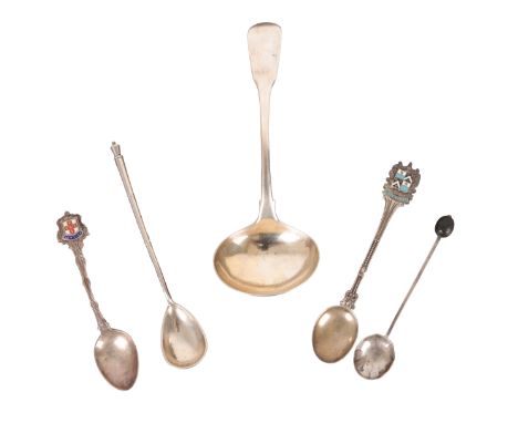 A GEORGE III SILVER FIDDLE PATTERN SAUCE LADLE by William Eaton, London 1813, a Russian 84 standard silver teaspoon, a silver